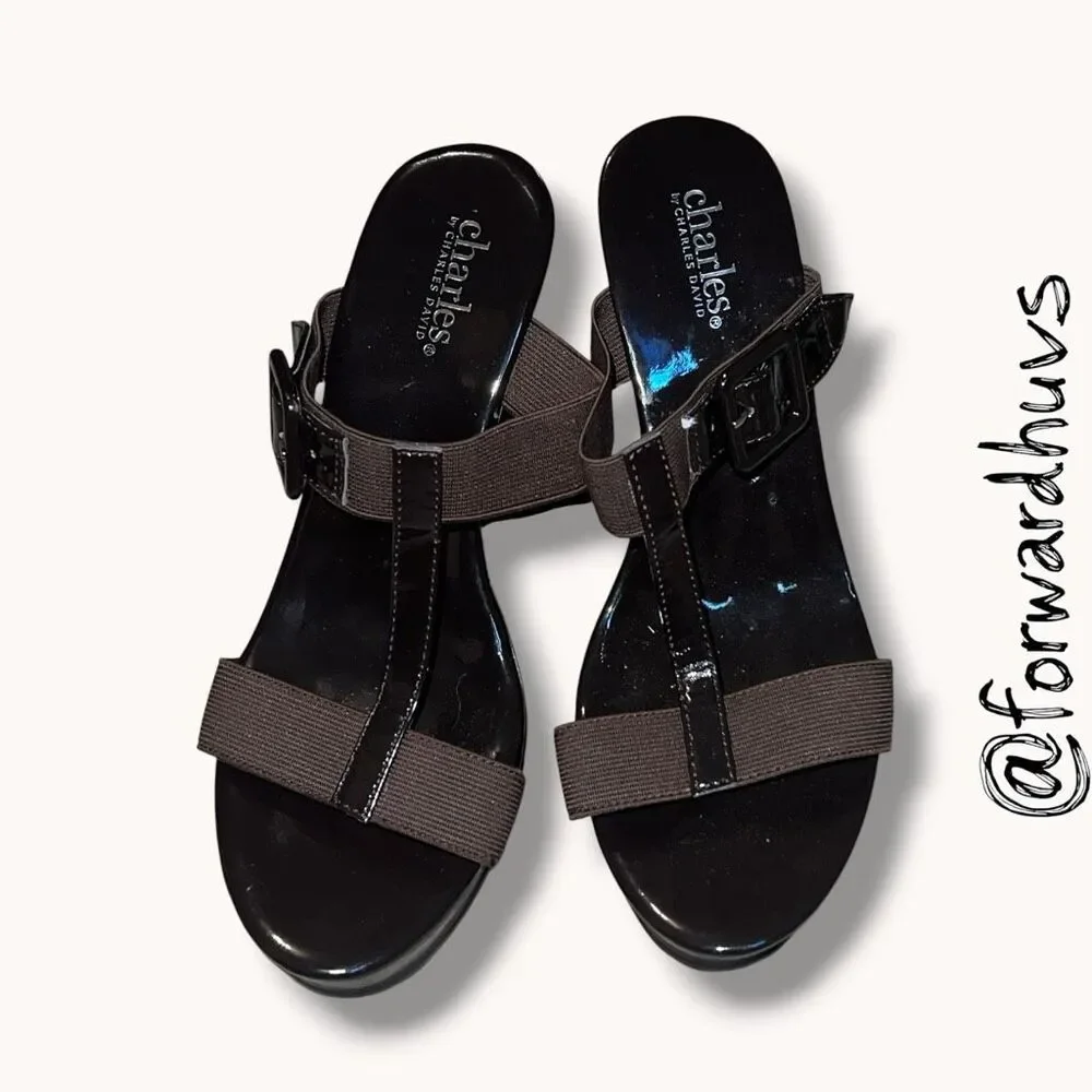 Charles by Charles David Black Patent Wedge Sandals Brown 7.5B